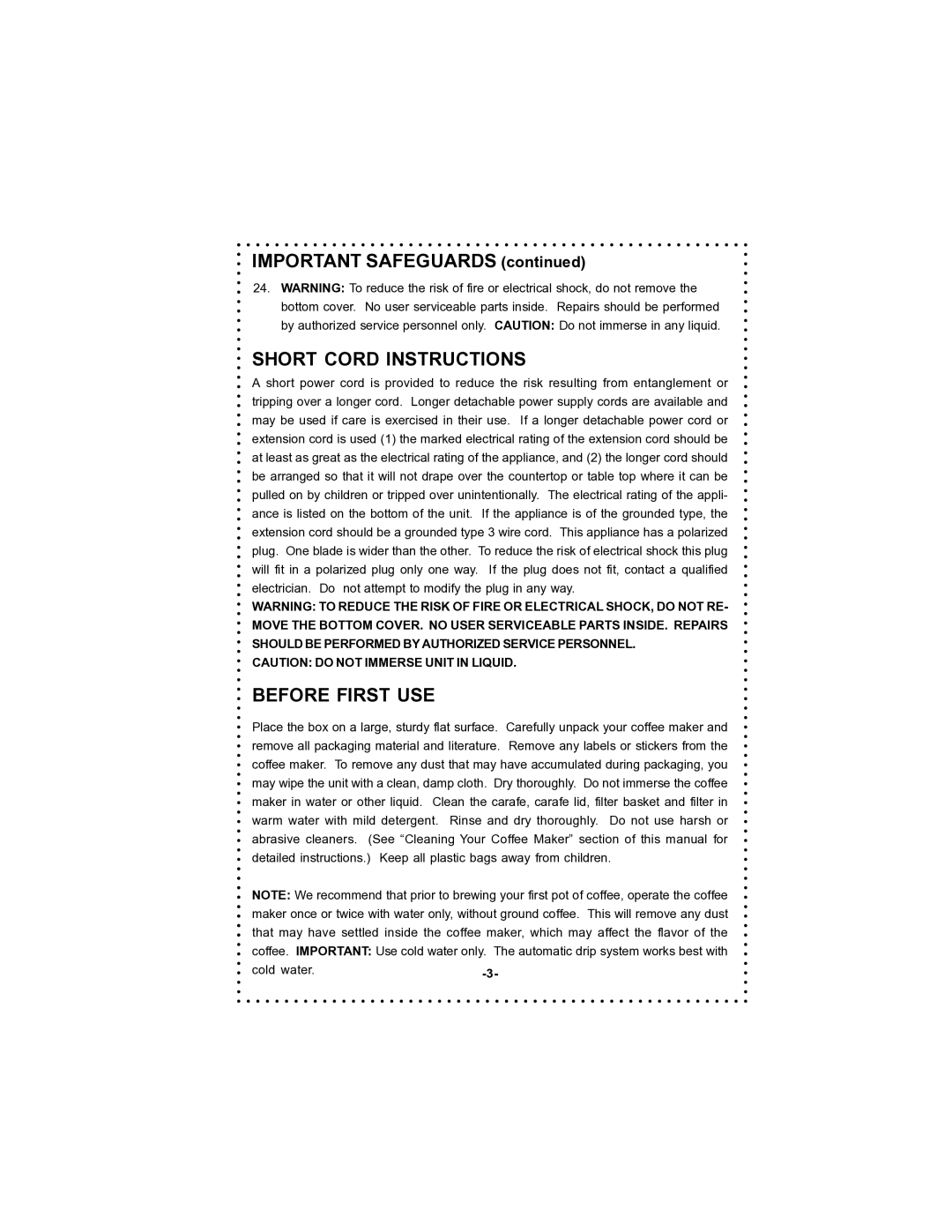 DeLonghi DC50T instruction manual Important Safeguards, Short Cord Instructions, Before First USE 