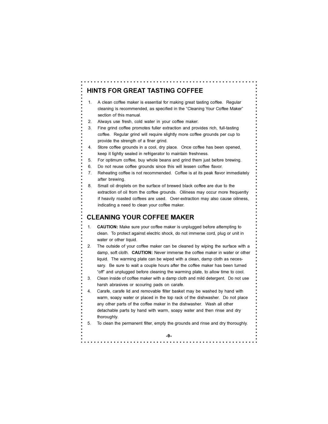 DeLonghi DC50T instruction manual Hints for Great Tasting Coffee, Cleaning Your Coffee Maker 