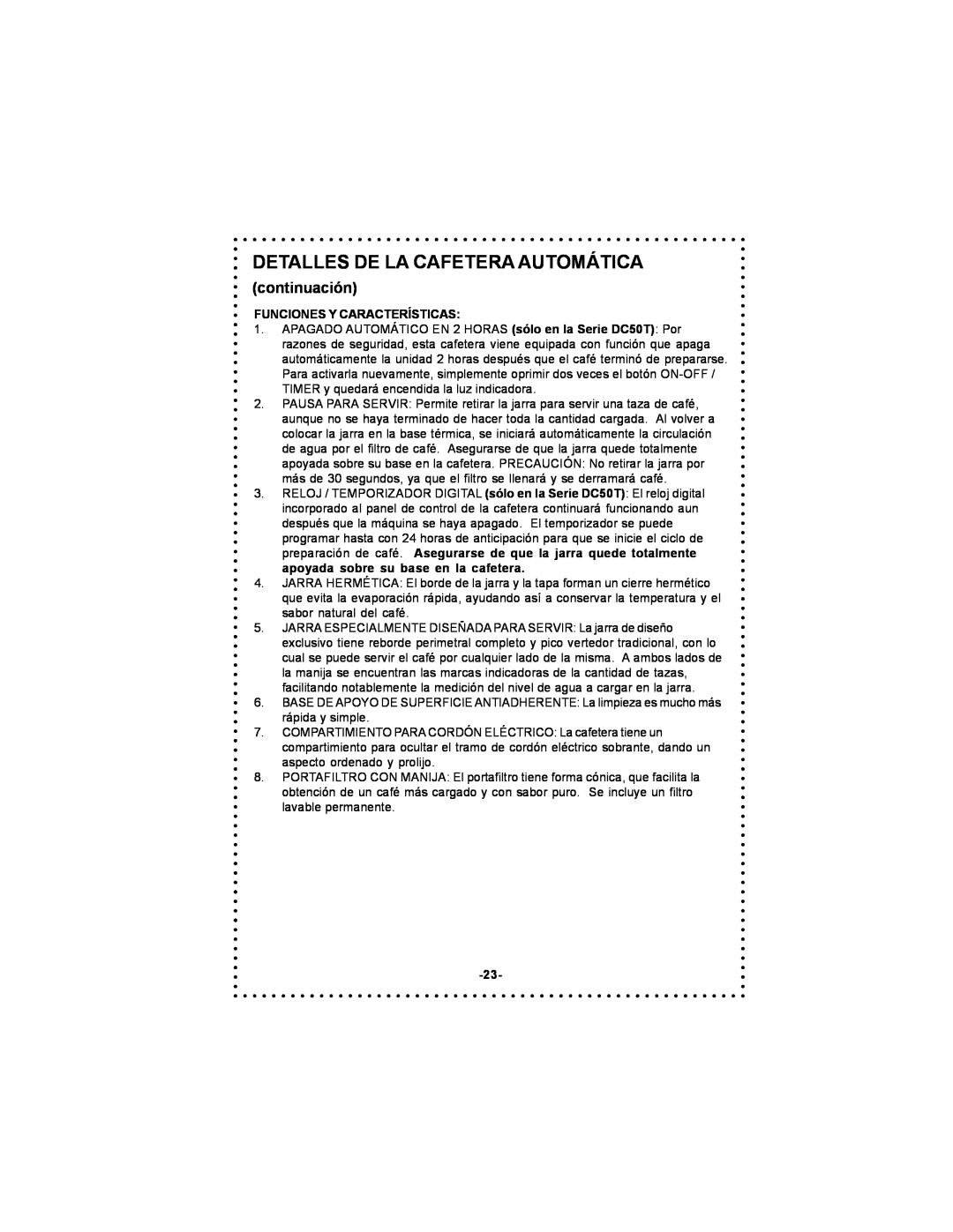 DeLonghi DC50T instruction manual Detalles De La Cafetera Automática, continuación, Funciones Y Características 