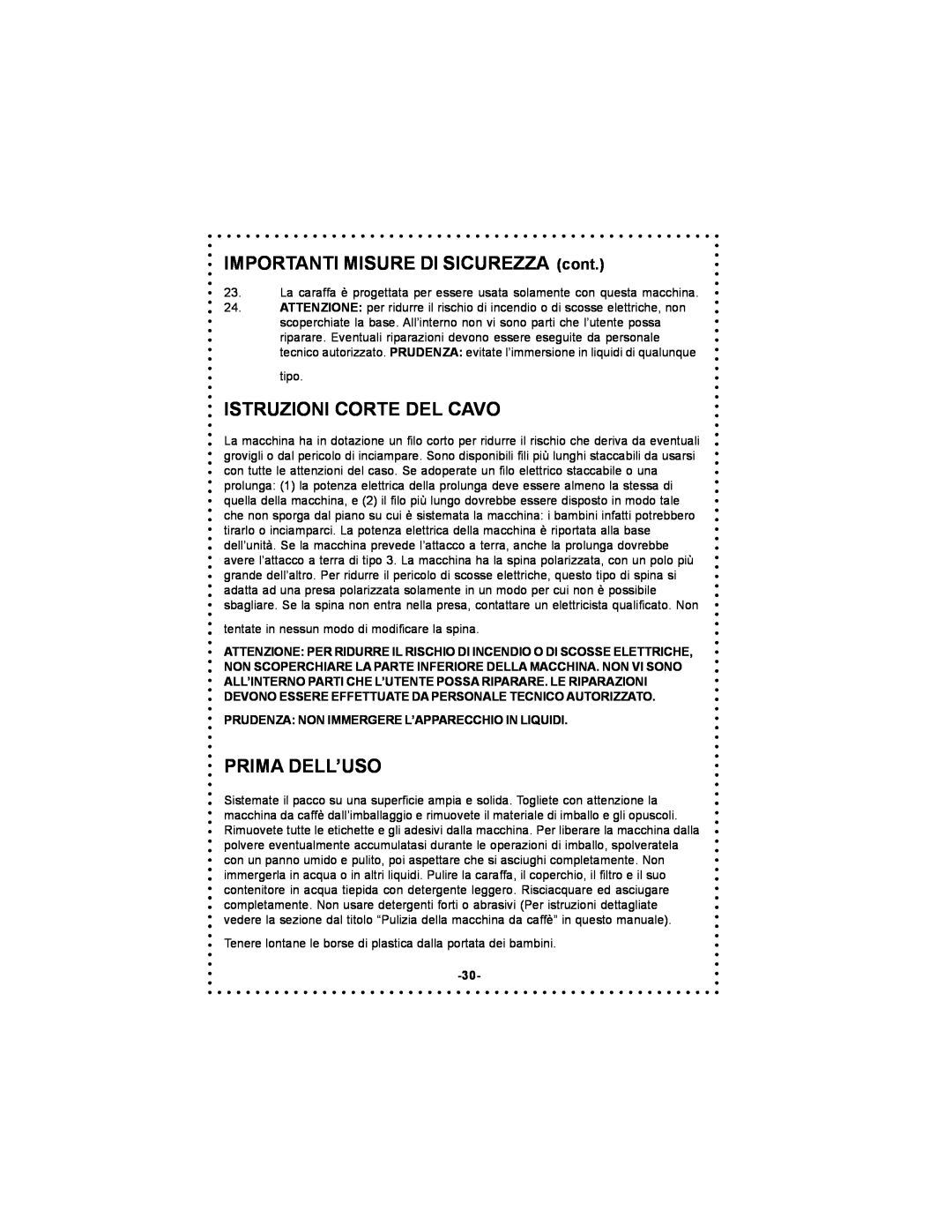 DeLonghi DC50T instruction manual IMPORTANTI MISURE DI SICUREZZA cont, Istruzioni Corte Del Cavo, Prima Dell’Uso 