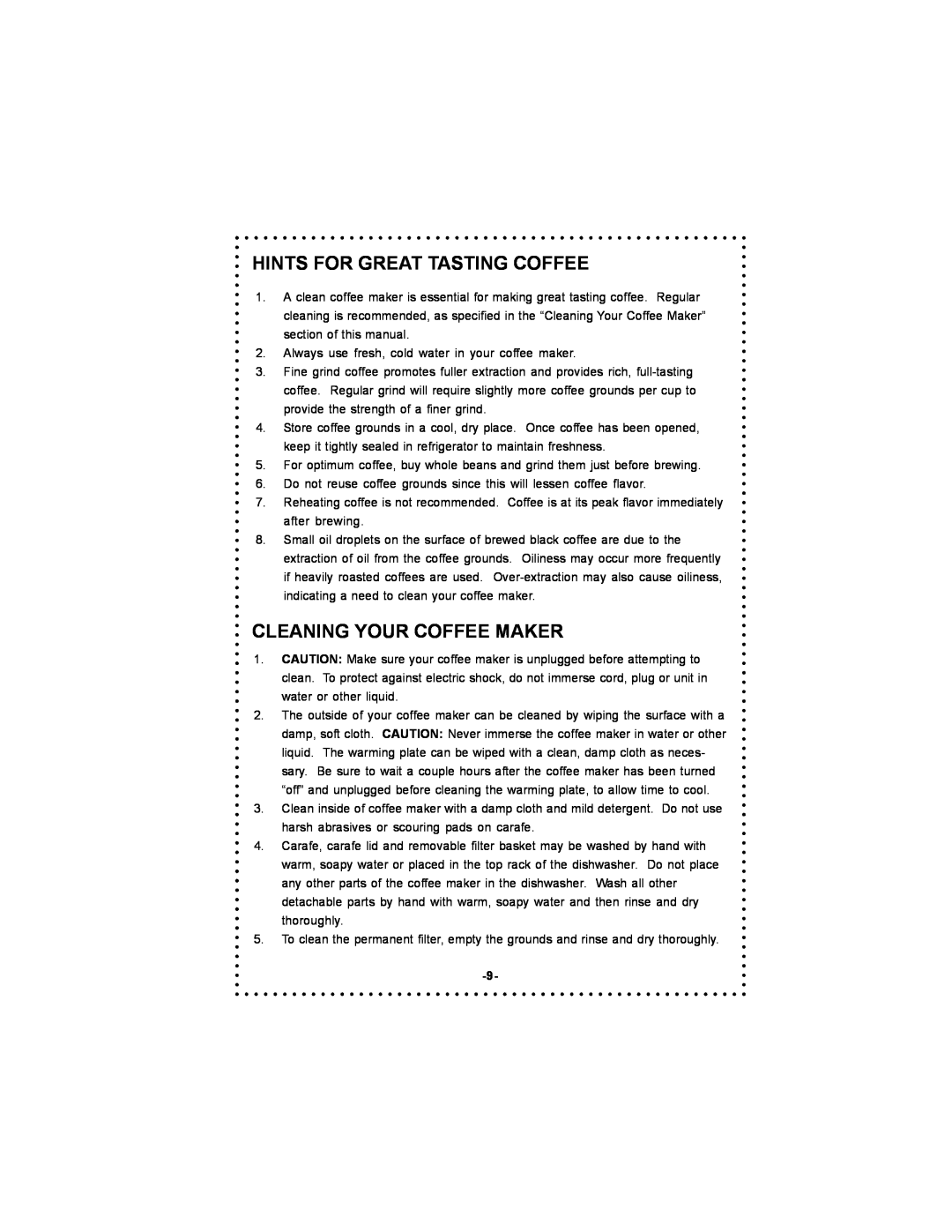 DeLonghi DC50T instruction manual Hints For Great Tasting Coffee, Cleaning Your Coffee Maker 