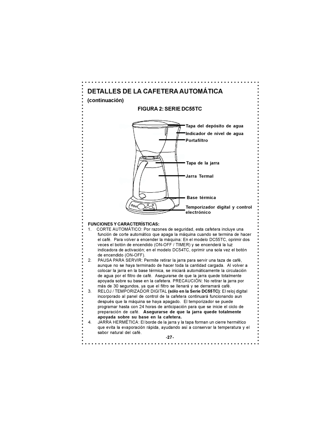 DeLonghi DC55TC, DC54TC instruction manual Continuación, Funciones Y Características 