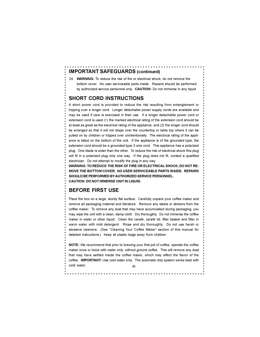 DeLonghi DC55TC, DC54TC instruction manual Important Safeguards, Short Cord Instructions, Before First USE 