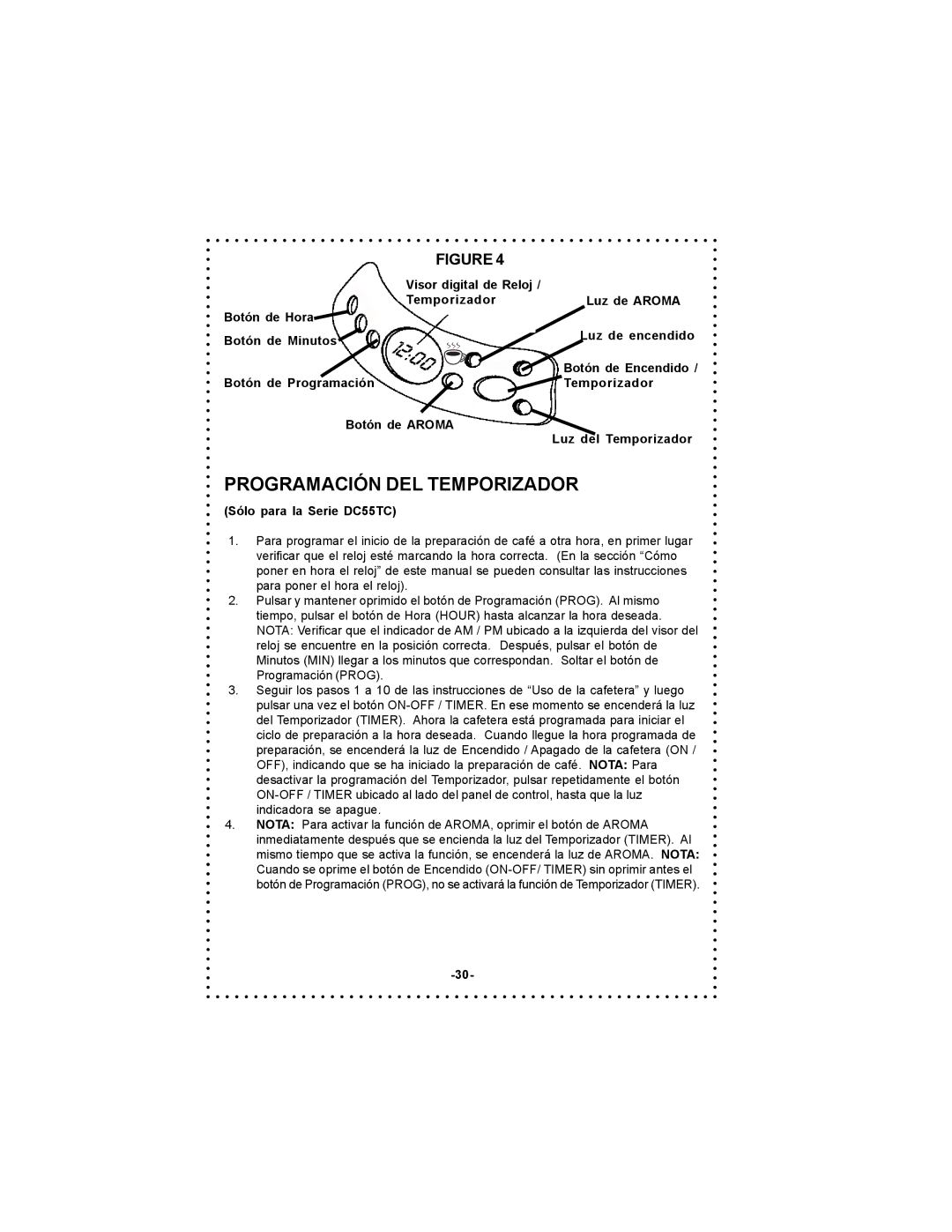 DeLonghi DC54TC, DC55TC instruction manual Programación DEL Temporizador 