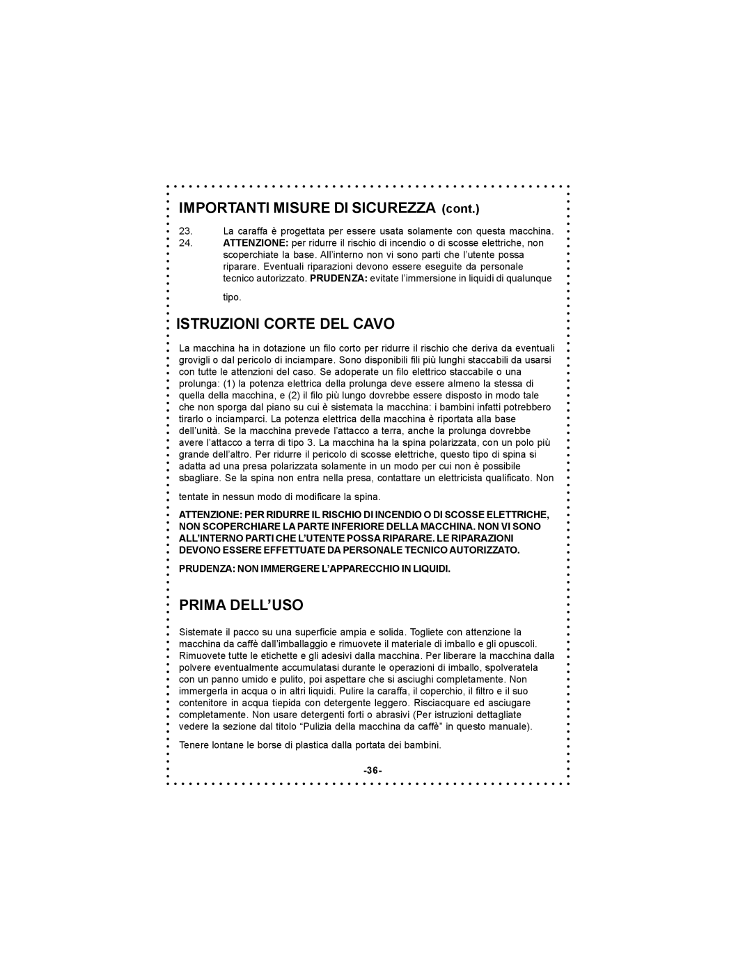 DeLonghi DC54TC, DC55TC instruction manual Importanti Misure DI Sicurezza, Istruzioni Corte DEL Cavo, Prima DELL’USO 