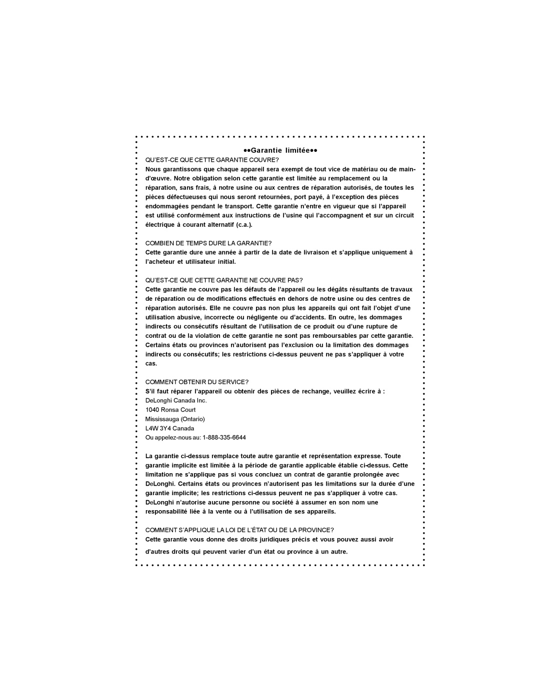 DeLonghi DC55TC, DC54TC instruction manual Garantie limitée 