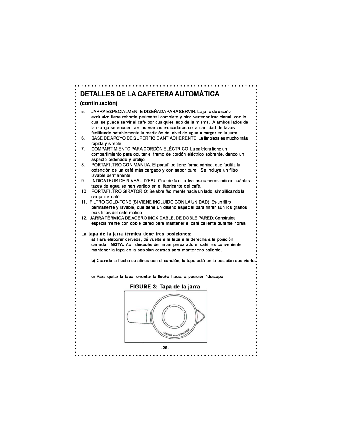 DeLonghi DC54TC, DC55TC instruction manual Detalles De La Cafetera Automática, continuación, Tapa de la jarra 