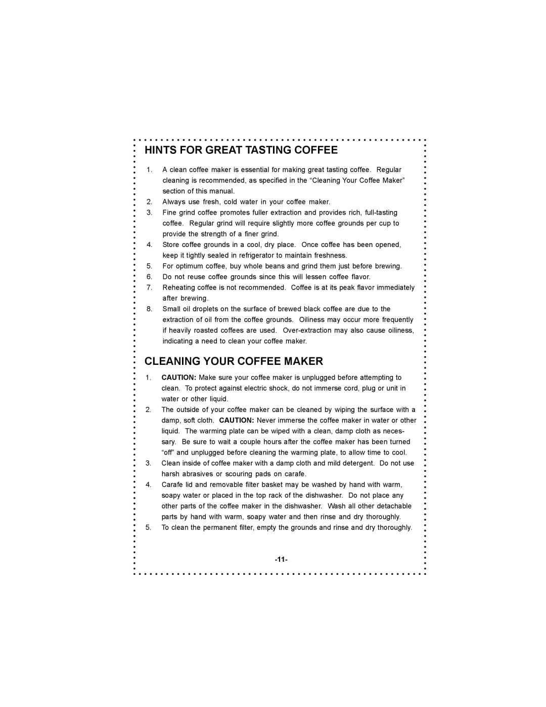 DeLonghi DC54TC Series, DC55TC Series instruction manual Hints for Great Tasting Coffee, Cleaning Your Coffee Maker 