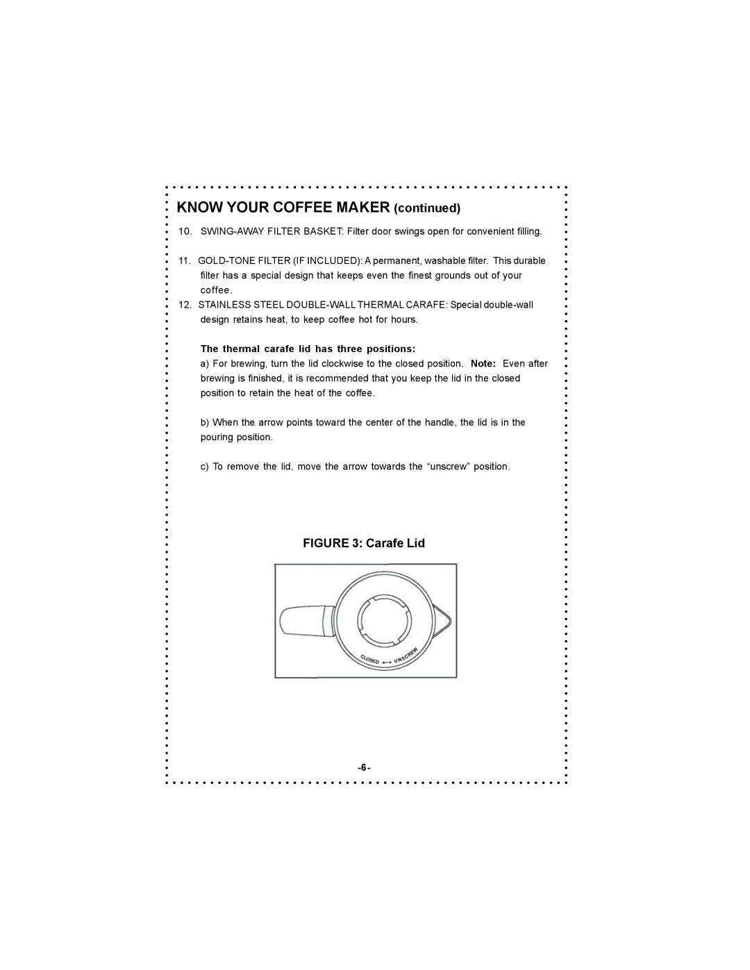 DeLonghi DC55TC Series, DC54TC Series instruction manual Carafe Lid, Thermal carafe lid has three positions 