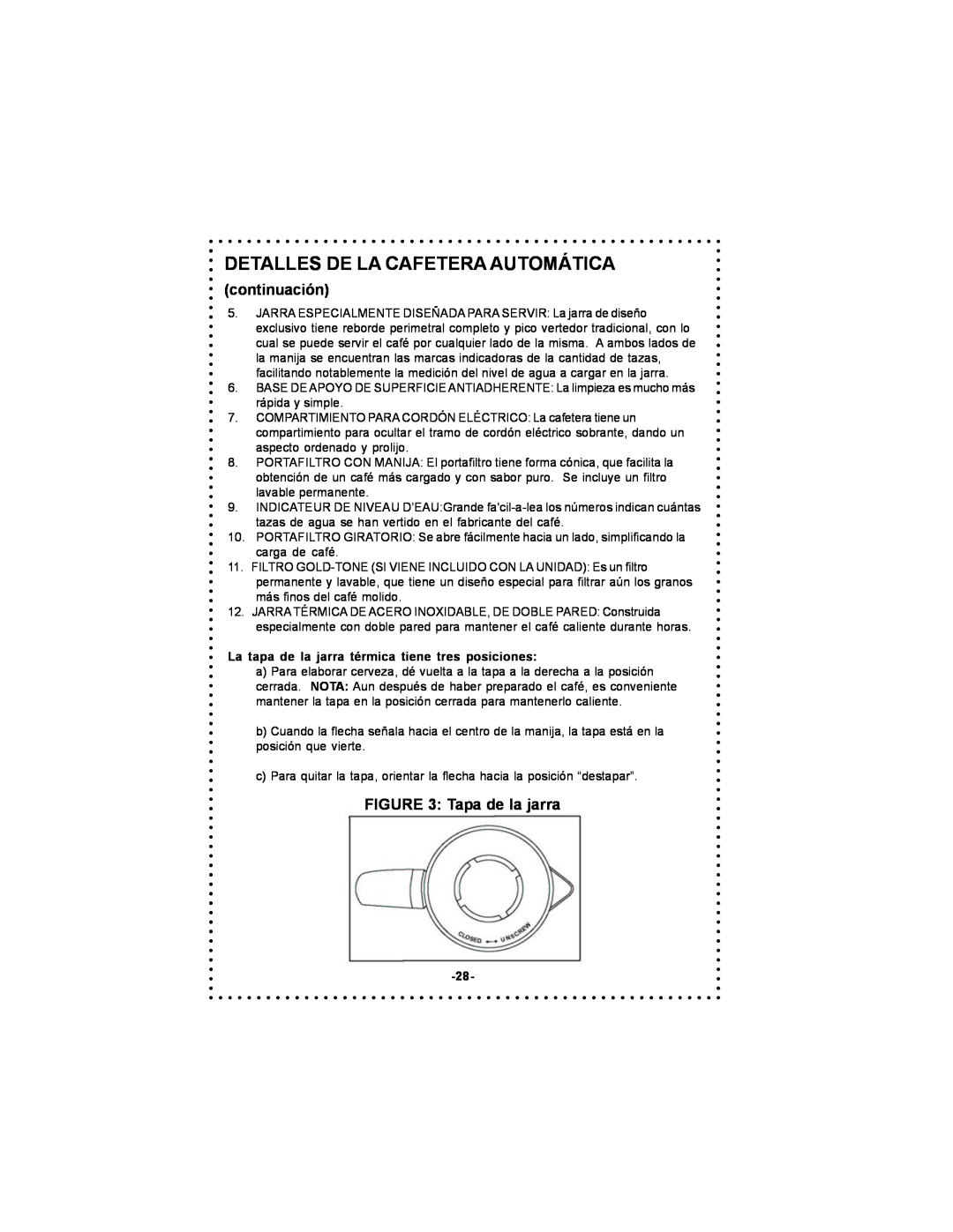 DeLonghi DC55TC Series, DC54TC Series instruction manual Detalles De La Cafetera Automática, continuación, Tapa de la jarra 