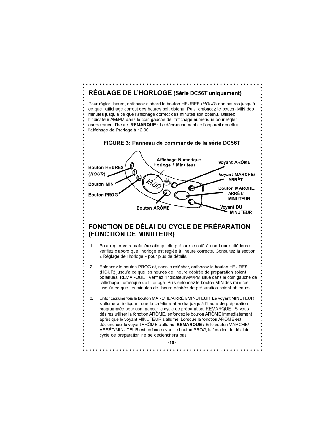 DeLonghi DC56T instruction manual Arrêt, Minuteur 