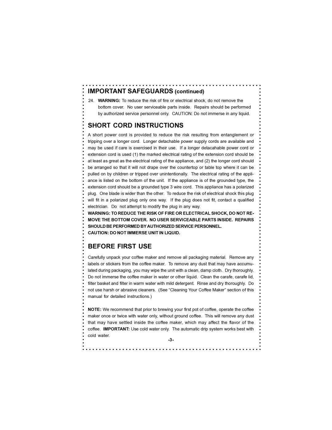 DeLonghi DC56T instruction manual Important Safeguards, Short Cord Instructions, Before First USE 