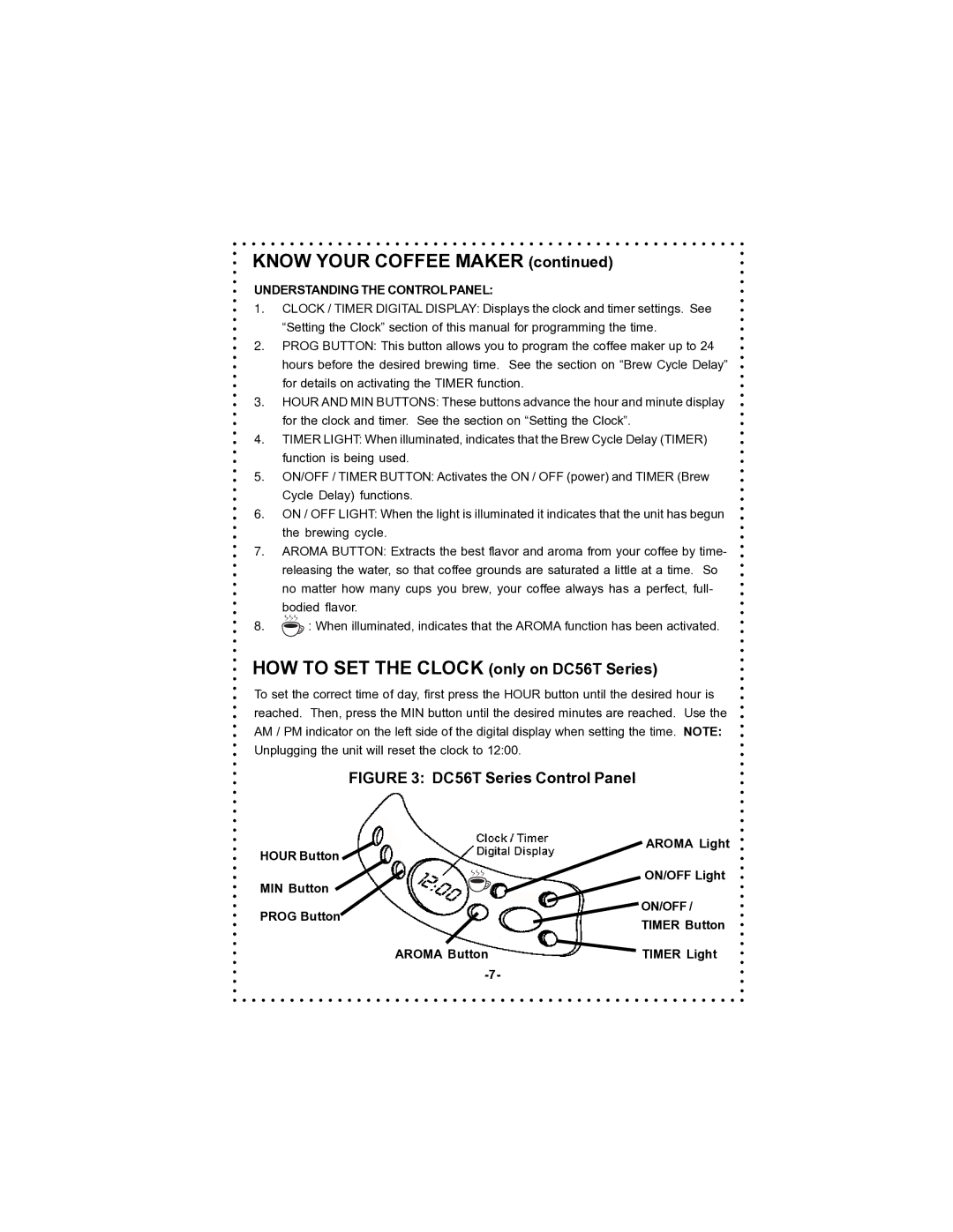 DeLonghi DC56T instruction manual Understanding the Control Panel, On/Off 