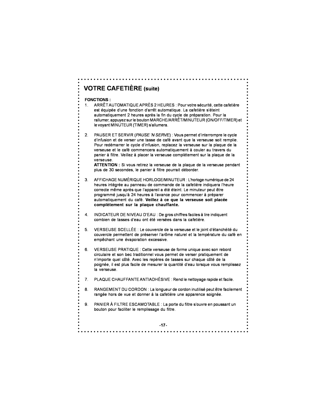 DeLonghi DC56T instruction manual Fonctions, VOTRE CAFETIÈRE suite 