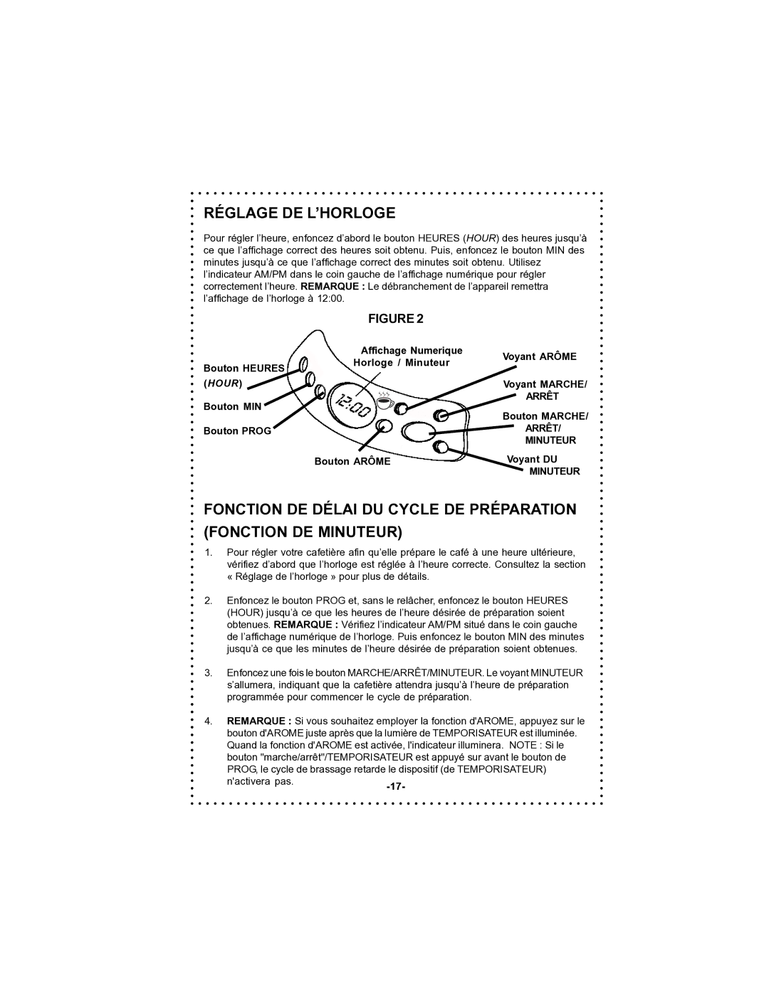 DeLonghi DC59TW instruction manual Réglage DE L’HORLOGE, Arrêt, Minuteur 