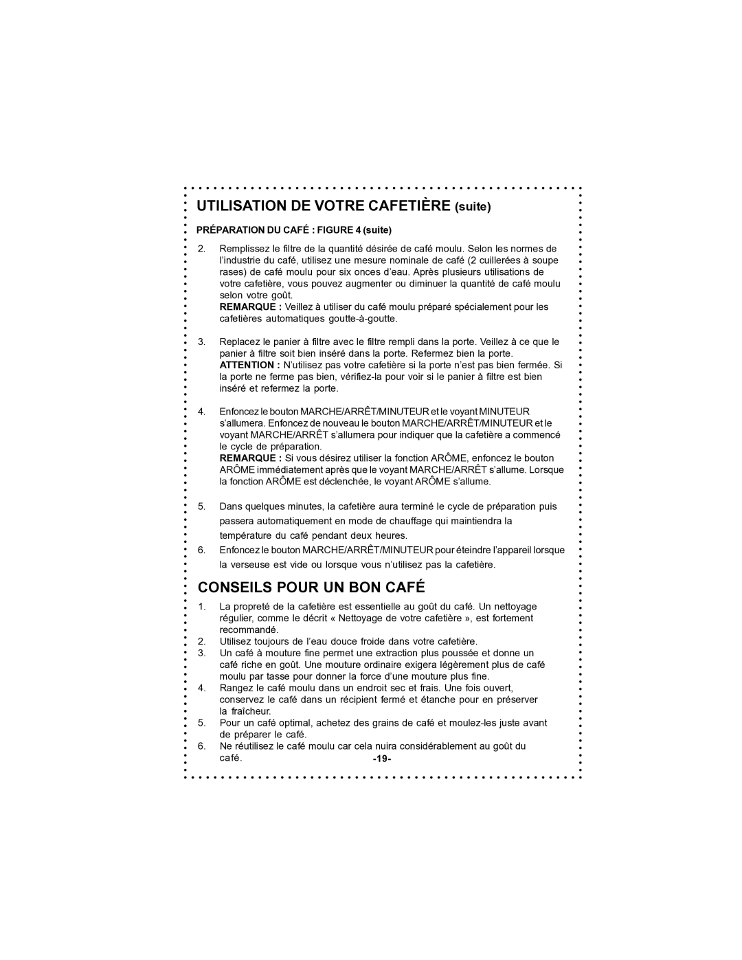 DeLonghi DC59TW instruction manual Utilisation DE Votre Cafetière suite, Conseils Pour UN BON Café 