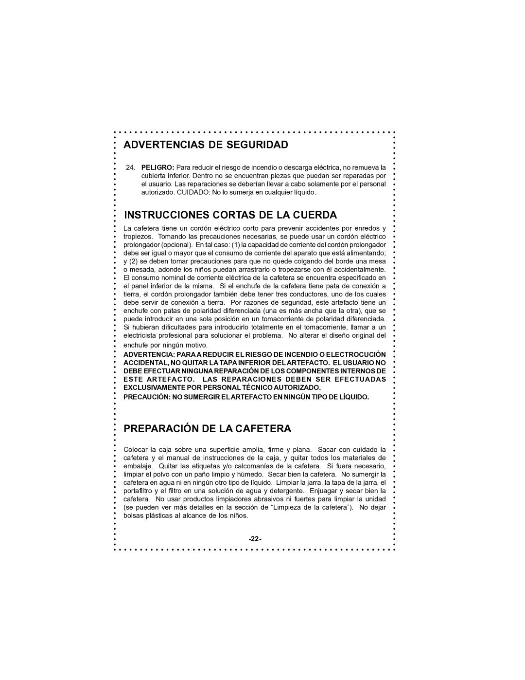 DeLonghi DC59TW instruction manual Instrucciones Cortas DE LA Cuerda, Preparación DE LA Cafetera 