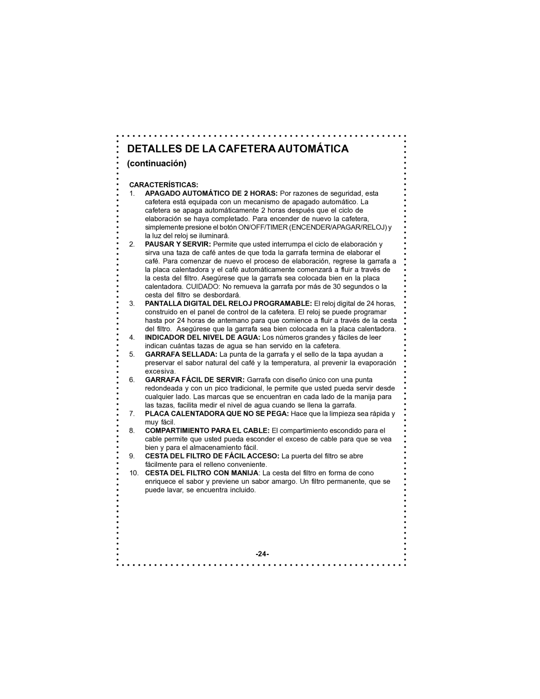 DeLonghi DC59TW instruction manual Continuación, Características 