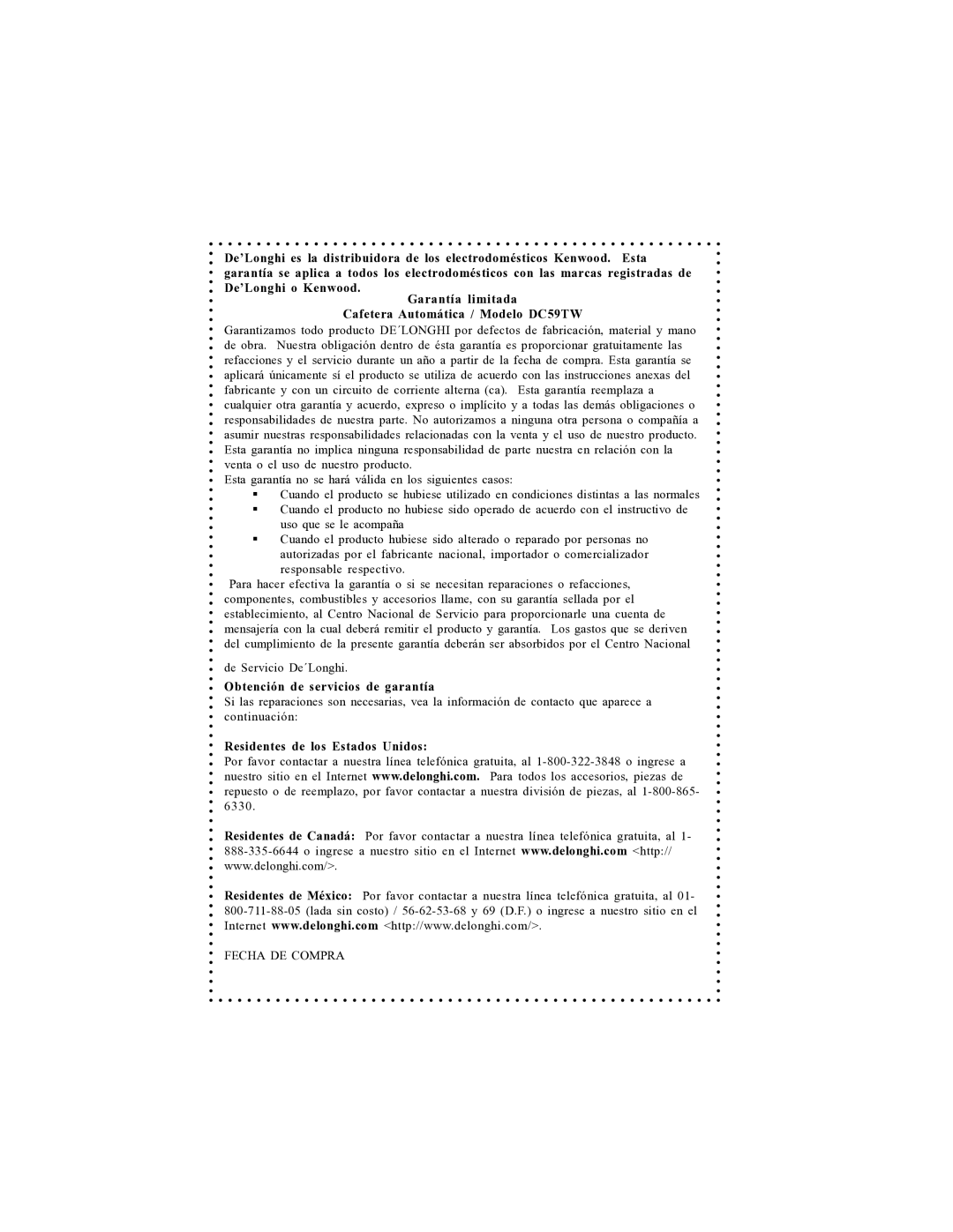 DeLonghi DC59TW instruction manual Residentes de los Estados Unidos 