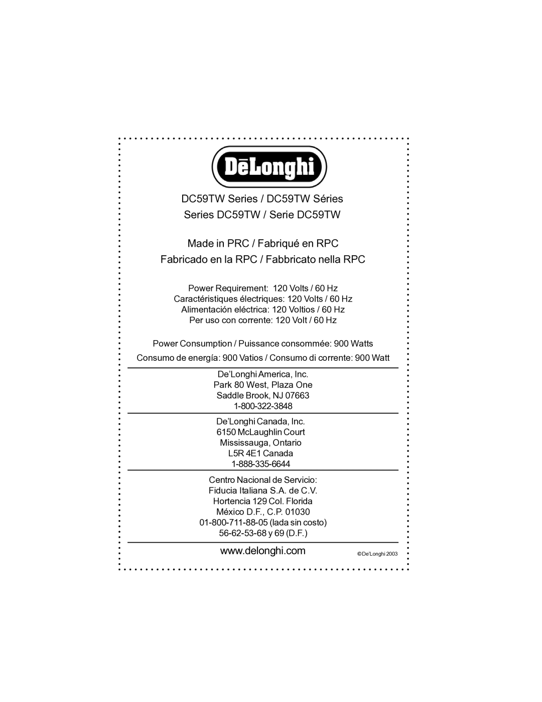 DeLonghi DC59TW instruction manual 