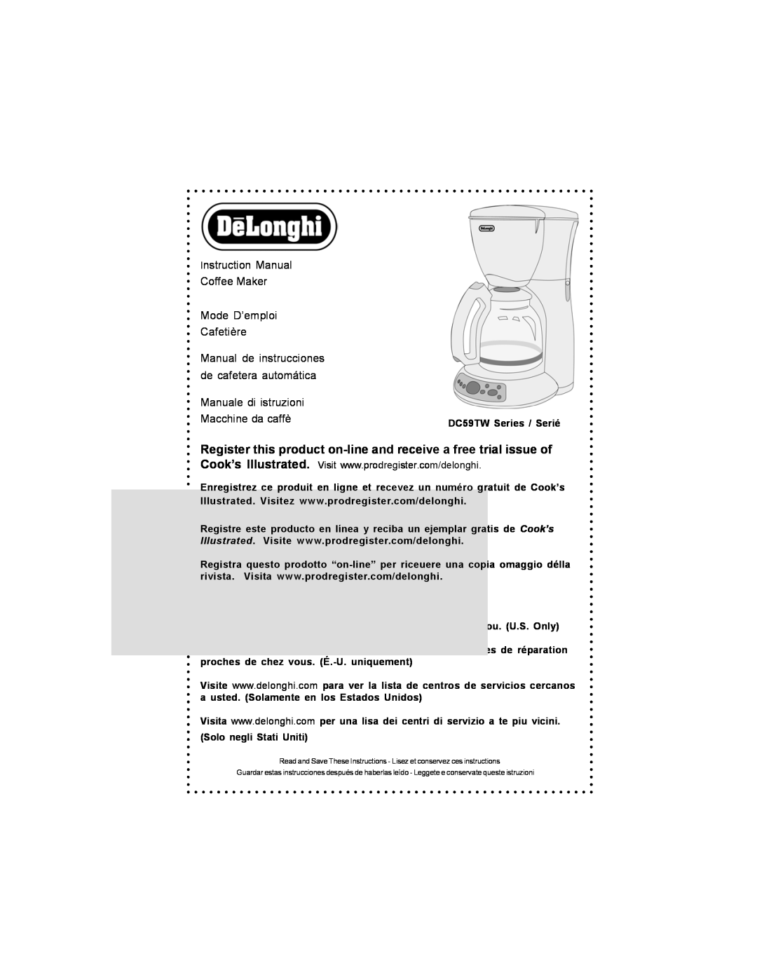 DeLonghi DC59TW instruction manual Coffee Maker, Mode D’emploi, Cafetière, Manual de instrucciones, de cafetera automática 