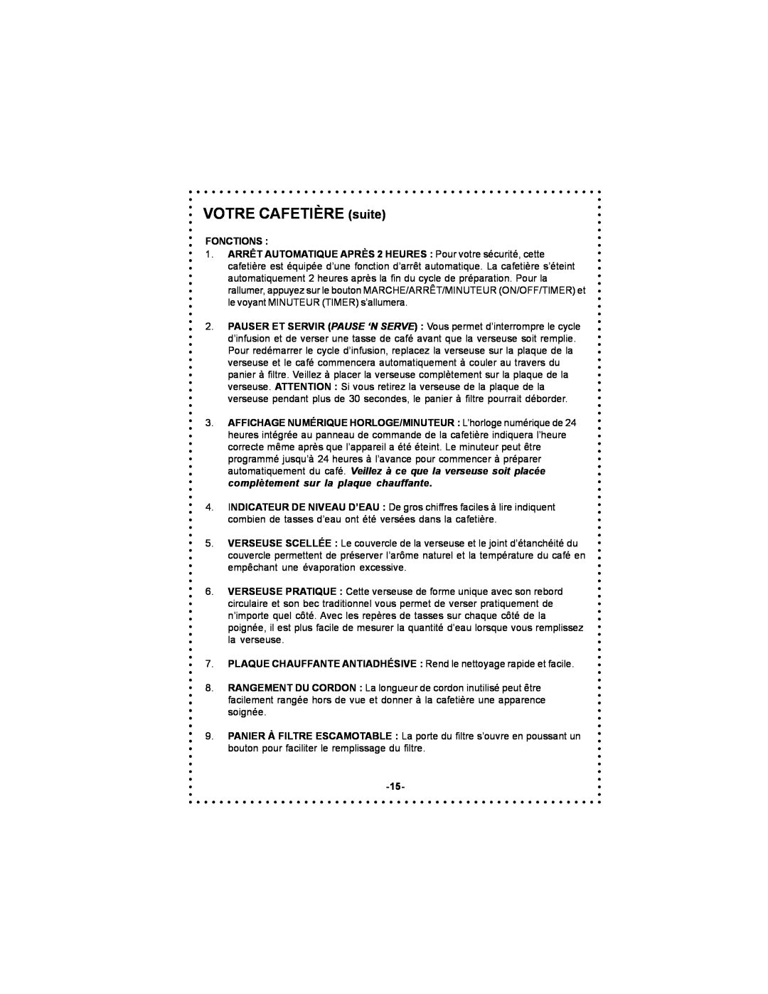 DeLonghi DC59TW instruction manual VOTRE CAFETIÈRE suite, Fonctions 