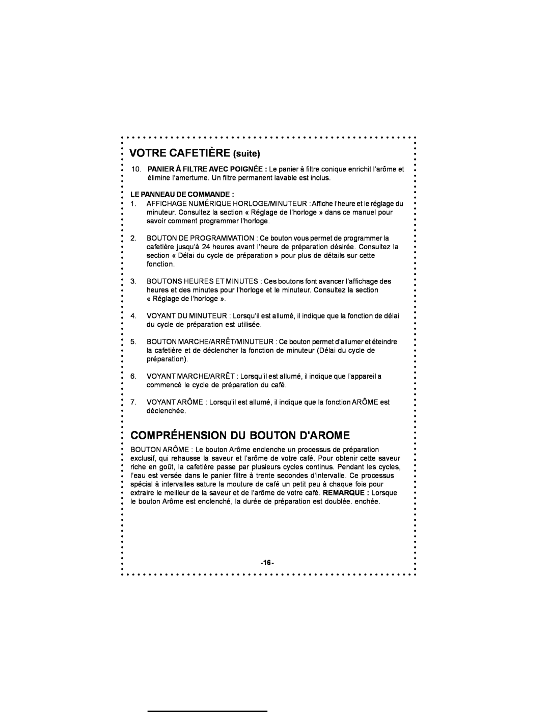 DeLonghi DC59TW instruction manual Compréhension Du Bouton Darome, VOTRE CAFETIÈRE suite, Le Panneau De Commande 