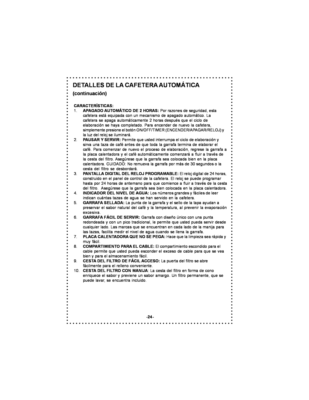 DeLonghi DC59TW instruction manual continuación, Detalles De La Cafetera Automática, Características 