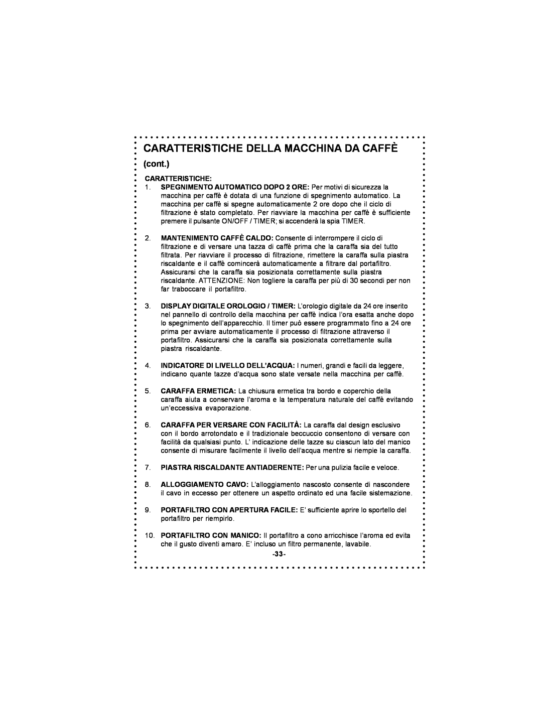 DeLonghi DC59TW instruction manual cont, Caratteristiche Della Macchina Da Caffè 