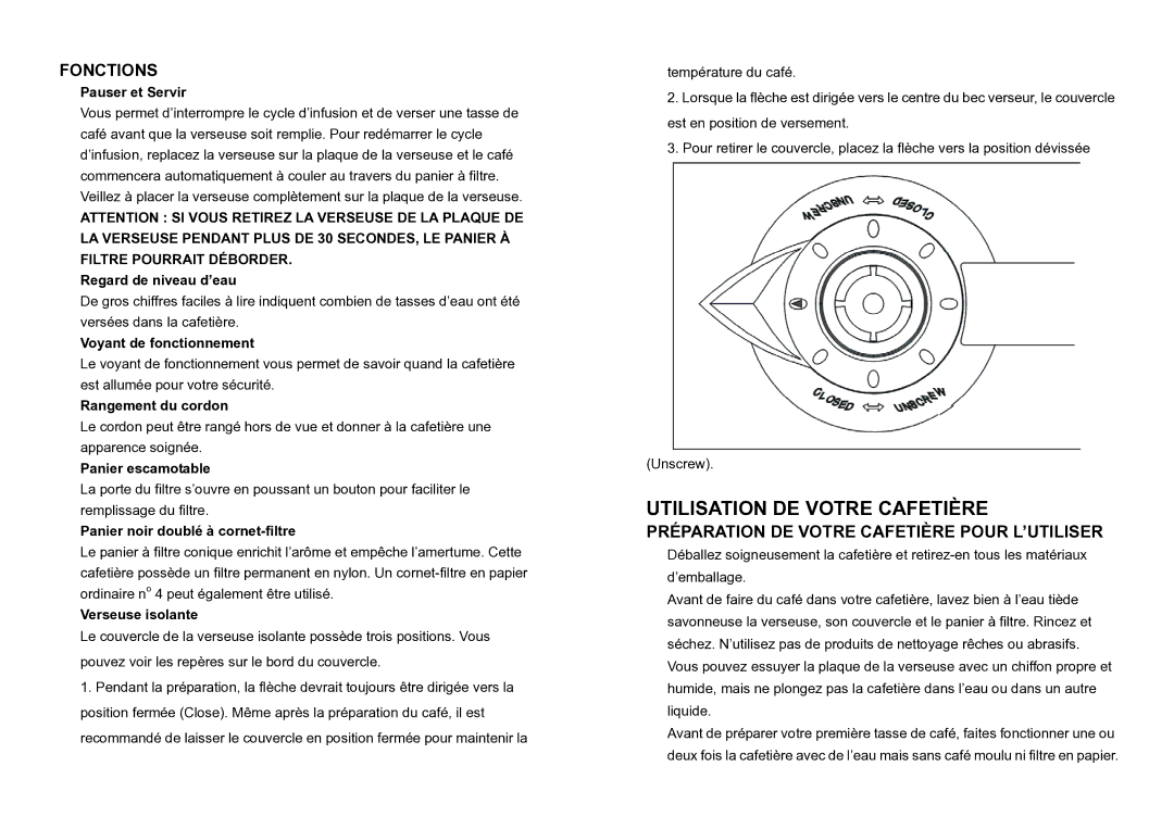 DeLonghi DC77TC manual Utilisation DE Votre Cafetière, Fonctions, Préparation DE Votre Cafetière Pour L’UTILISER 