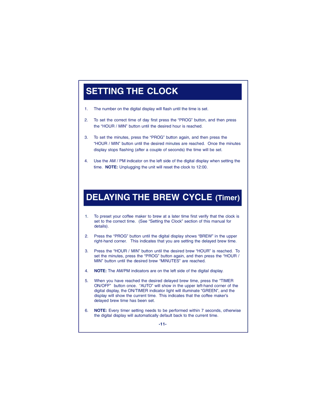 DeLonghi DC89TTC Series, DC87T Series instruction manual Setting the Clock, Delaying the Brew Cycle Timer 