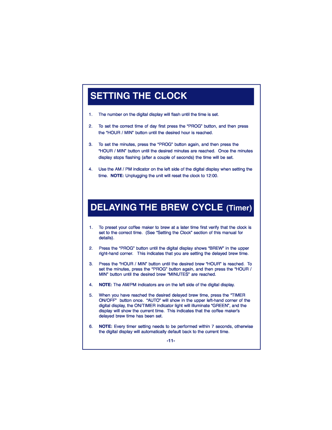 DeLonghi DC89TTC Series, DC87T Series instruction manual Setting The Clock, DELAYING THE BREW CYCLE Timer 