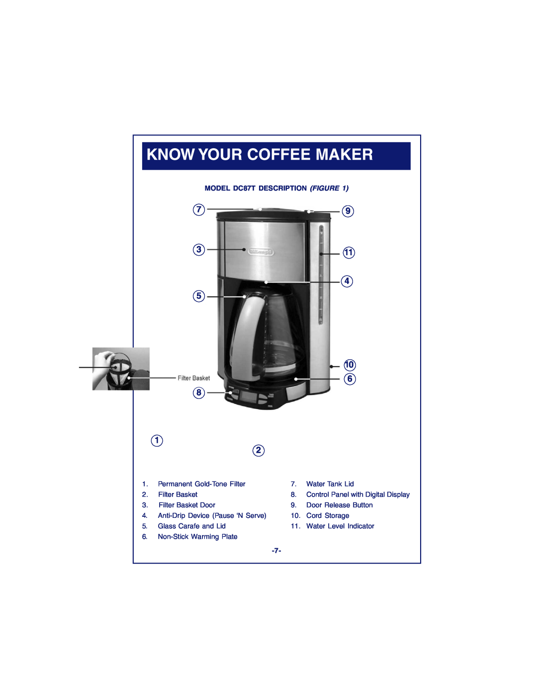 DeLonghi DC89TTC Series, DC87T Series instruction manual Know Your Coffee Maker, MODEL DC87T DESCRIPTION FIGURE 