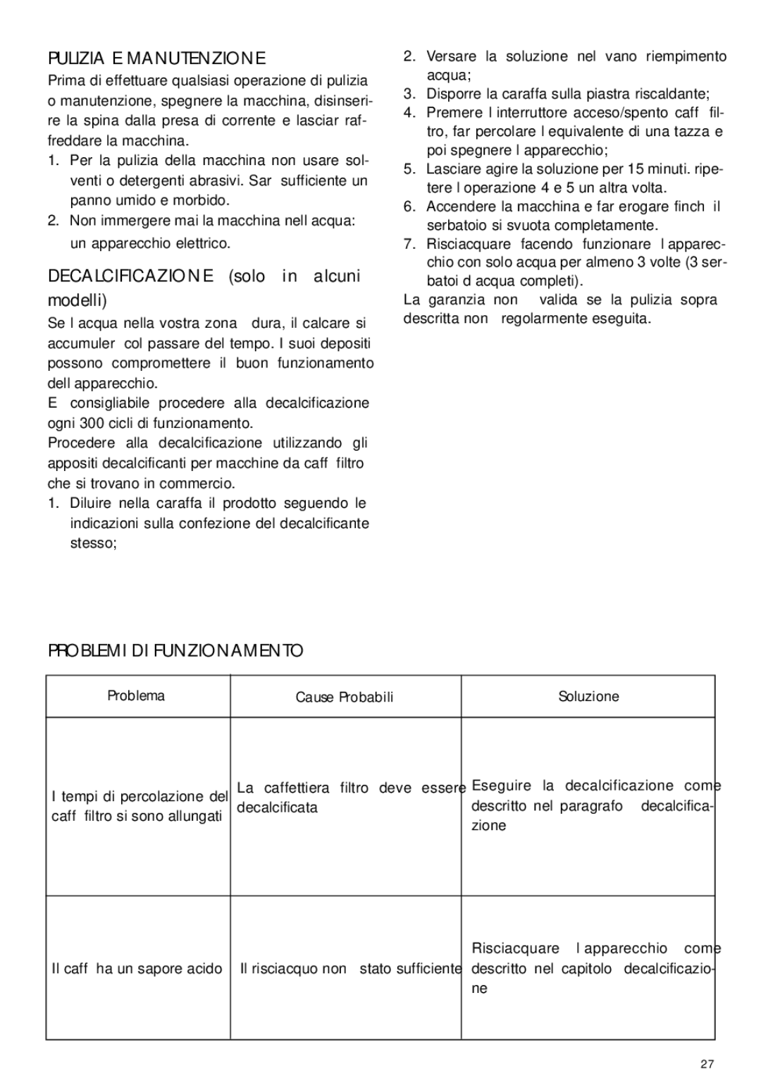 DeLonghi DCF212T manual Pulizia E Manutenzione, Problemi DI Funzionamento 