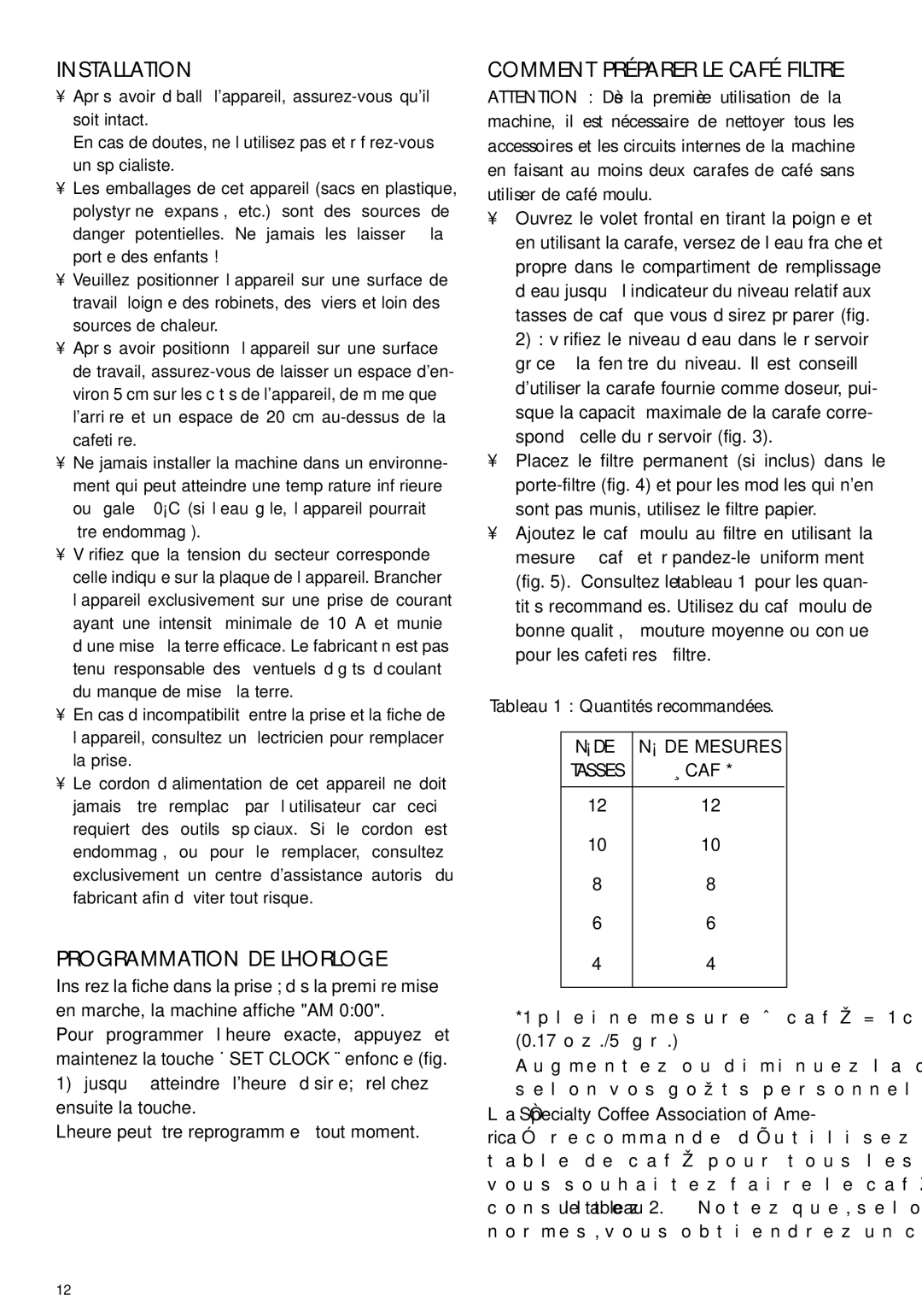 DeLonghi DCF212T manual Programmation DE L’HORLOGE, Comment Préparer LE Café Filtre, NDE DE Mesures 