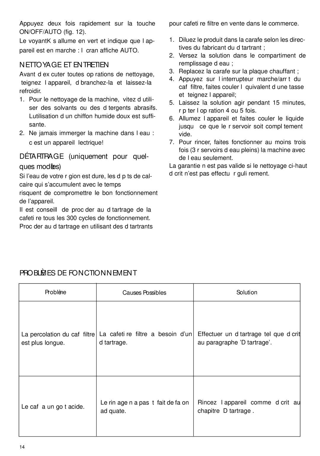 DeLonghi DCF212T manual Nettoyage ET Entretien, Problèmes DE Fonctionnement 