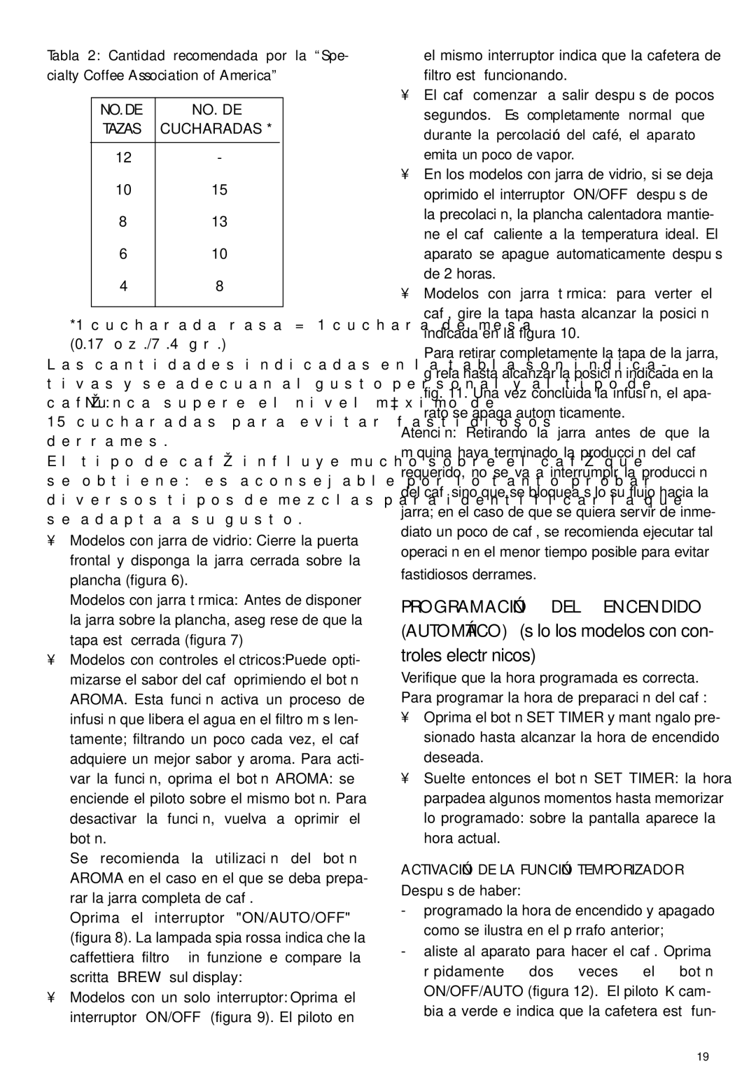 DeLonghi DCF212T manual Programación DEL Encendido, NO. DE Tazas Cucharadas 