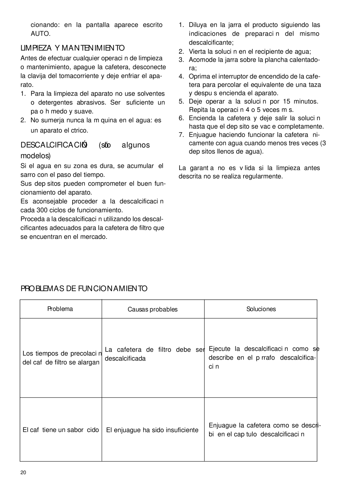 DeLonghi DCF212T manual Limpieza Y Mantenimiento, Problemas DE Funcionamiento 