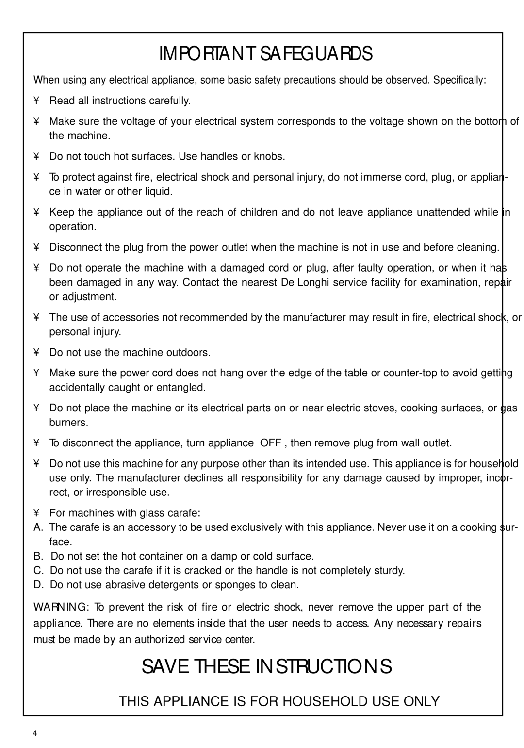 DeLonghi DCF212T manual Important Safeguards 