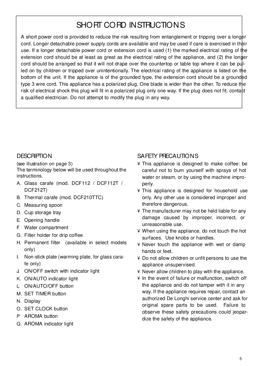 DeLonghi DCF212T manual Description, Safety Precautions 