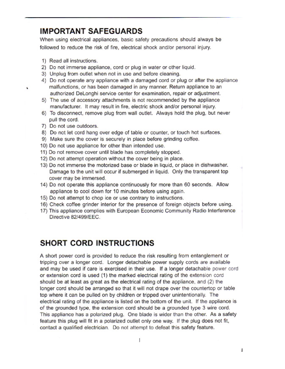 DeLonghi DCG30 Series manual 