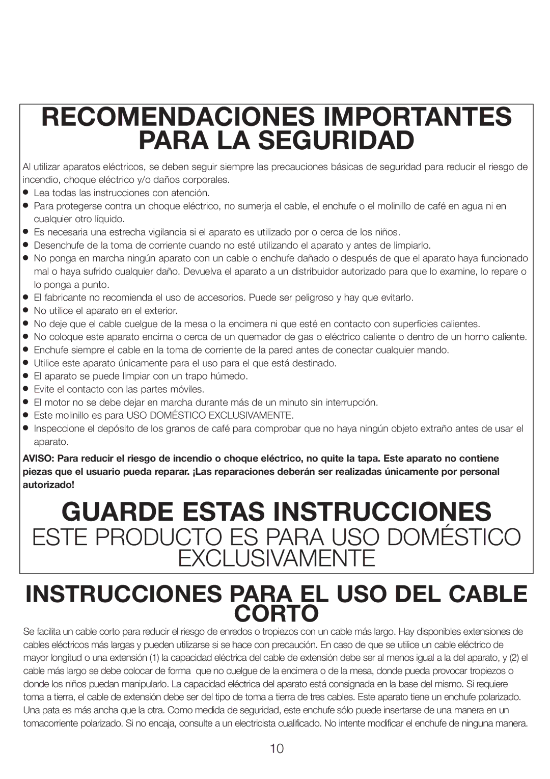 DeLonghi DCG601, DCG600 manual Recomendaciones Importantes Para LA Seguridad, Guarde Estas Instrucciones 