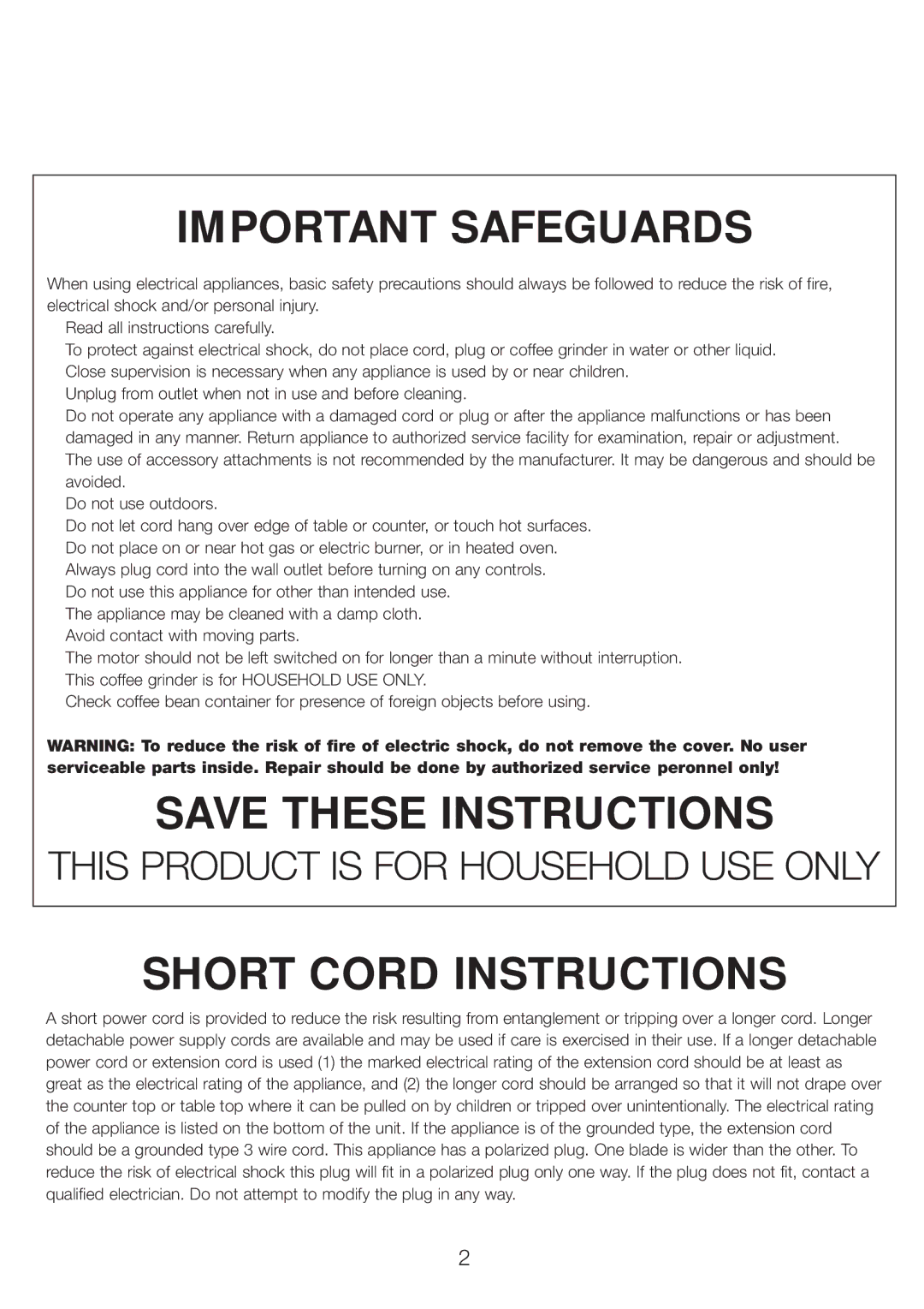 DeLonghi DCG601, DCG600 manual Important Safeguards, Short Cord Instructions 