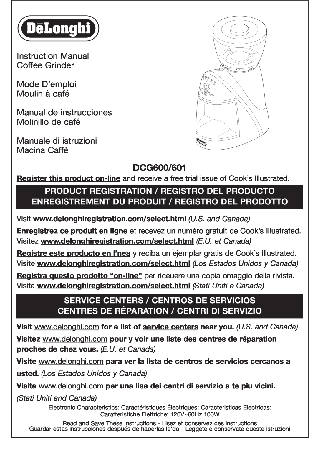 DeLonghi manual DCG600/601, Moulin à café Manual de instrucciones, Molinillo de café Manuale di istruzioni, Macina Caffé 