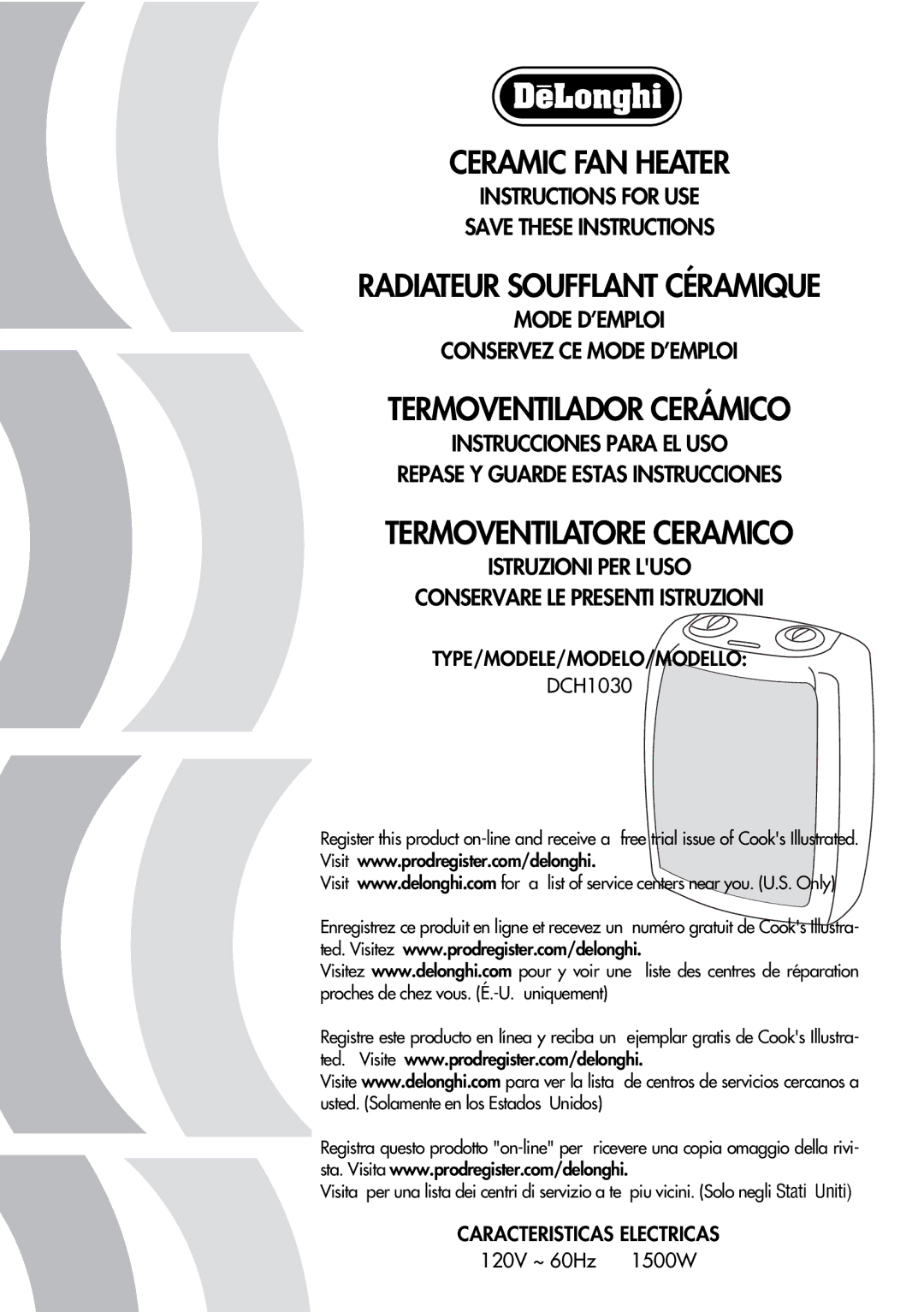 DeLonghi DCH1030 manual Type/Modele/Modelo/Modello, Caracteristicas Electricas 