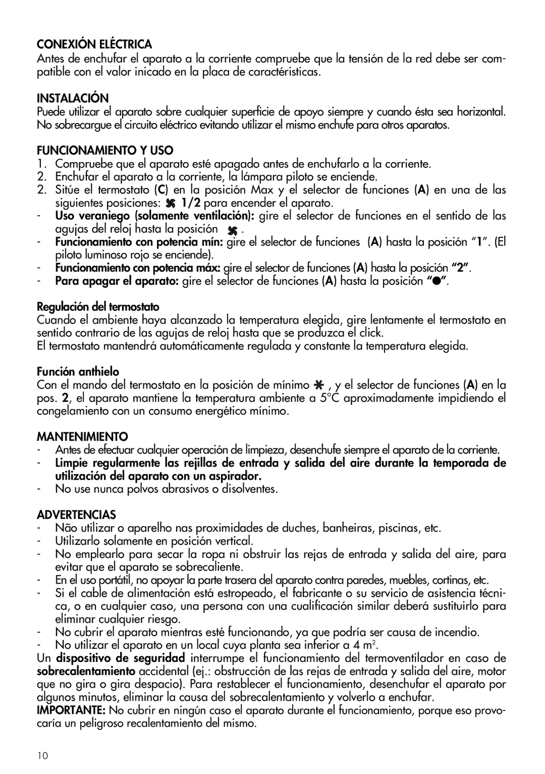 DeLonghi DCH1030 manual Conexión Eléctrica, Instalación, Funcionamiento Y USO, Mantenimiento, Advertencias 