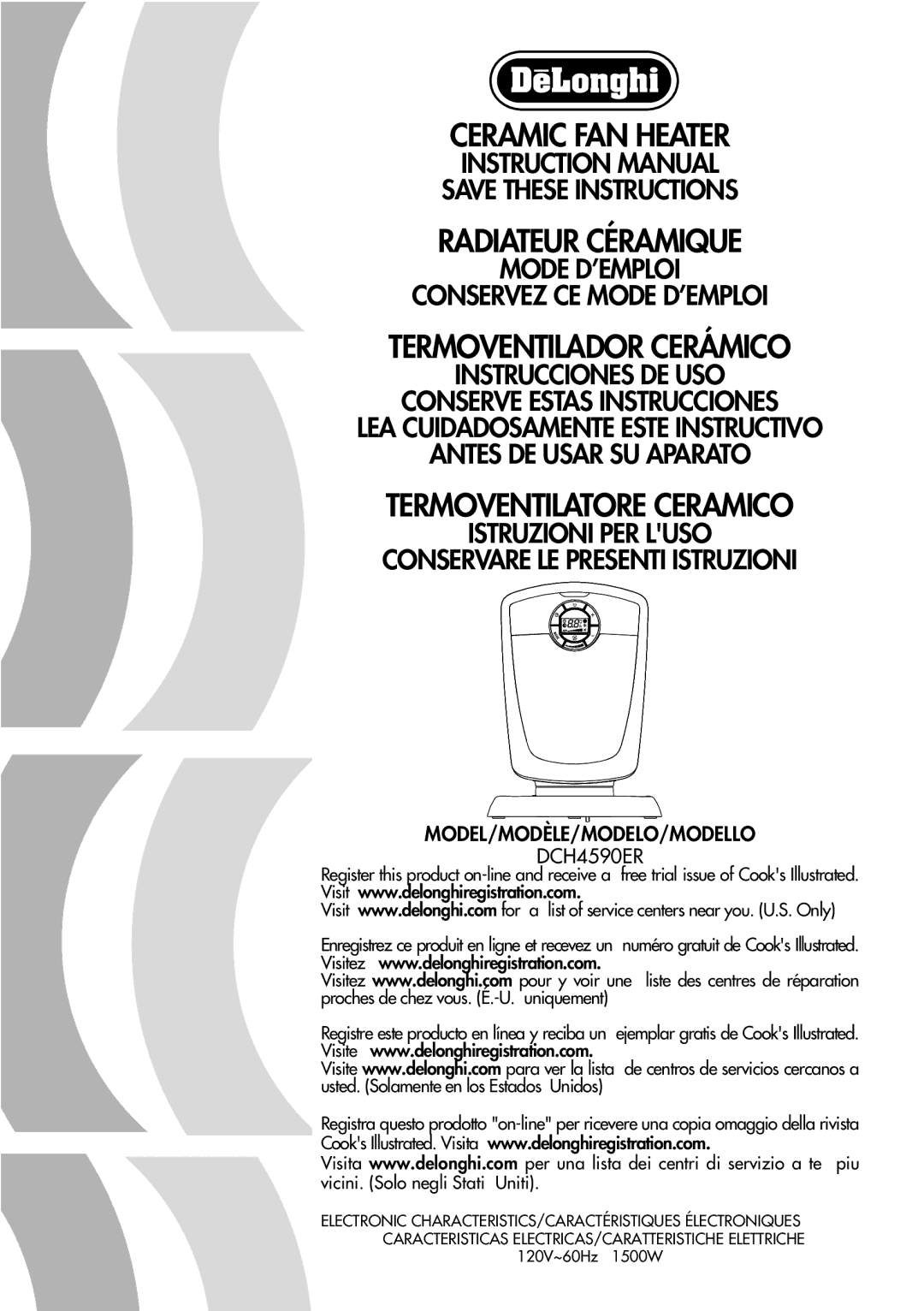 DeLonghi DCH4590ER instruction manual Ceramic FAN Heater Radiateur Céramique 