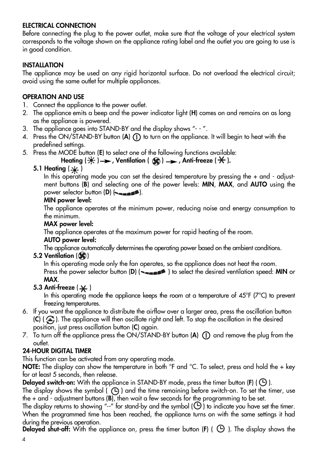 DeLonghi DCH4590ER instruction manual Electrical Connection, Installation, Operation and USE, Hour Digital Timer 