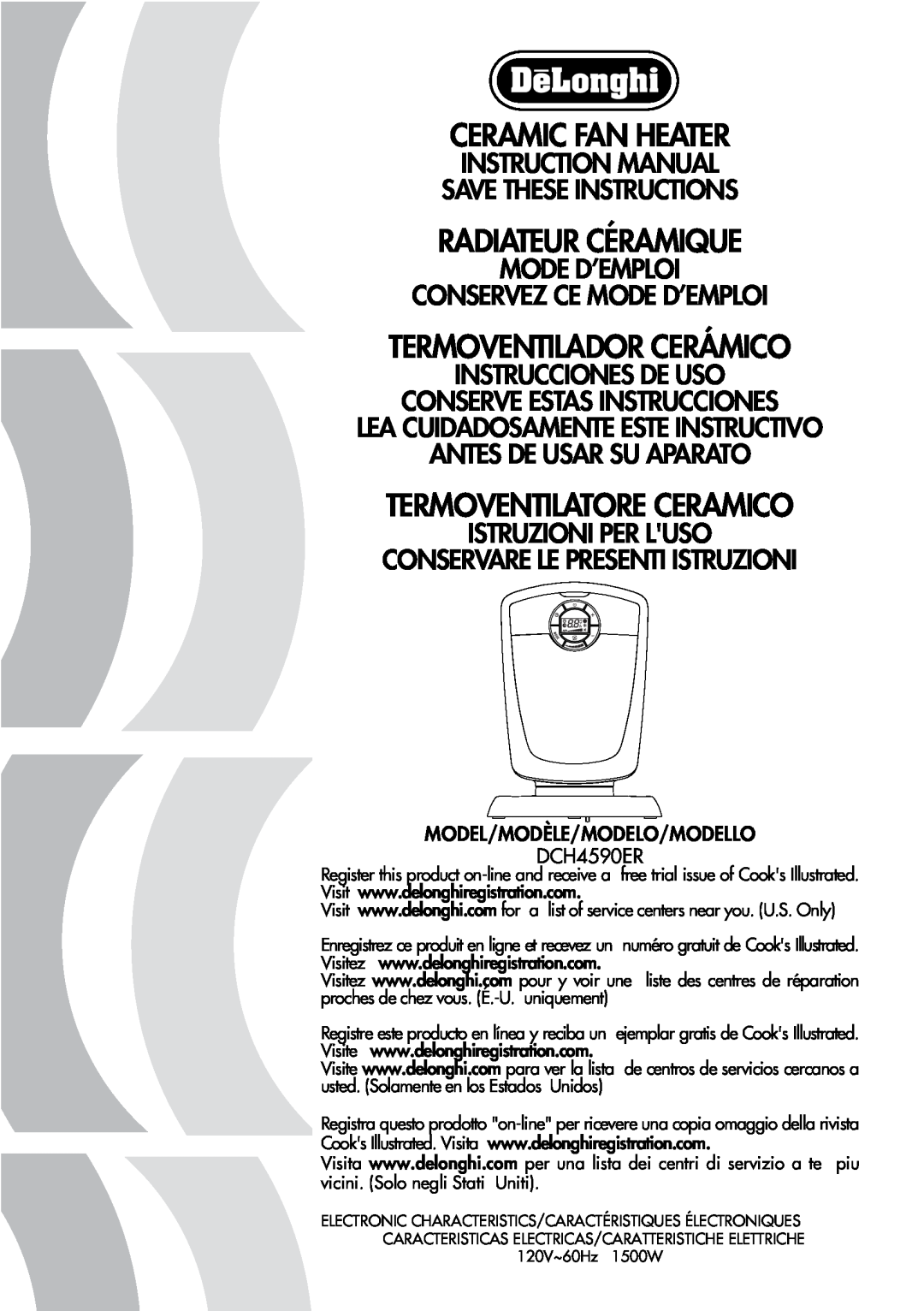 DeLonghi DCH4590ER instruction manual Ceramic Fan Heater, Radiateur Céramique, Termoventilador Cerámico 