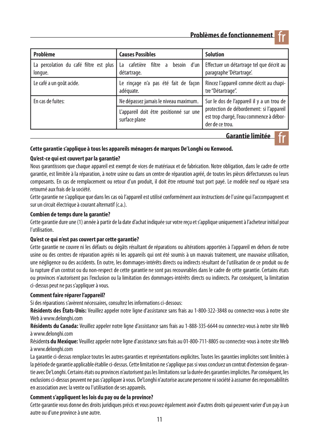 DeLonghi DCM02 manual Problème Causes Possibles Solution, Garantie limitée, Combien de temps dure la garantie? 